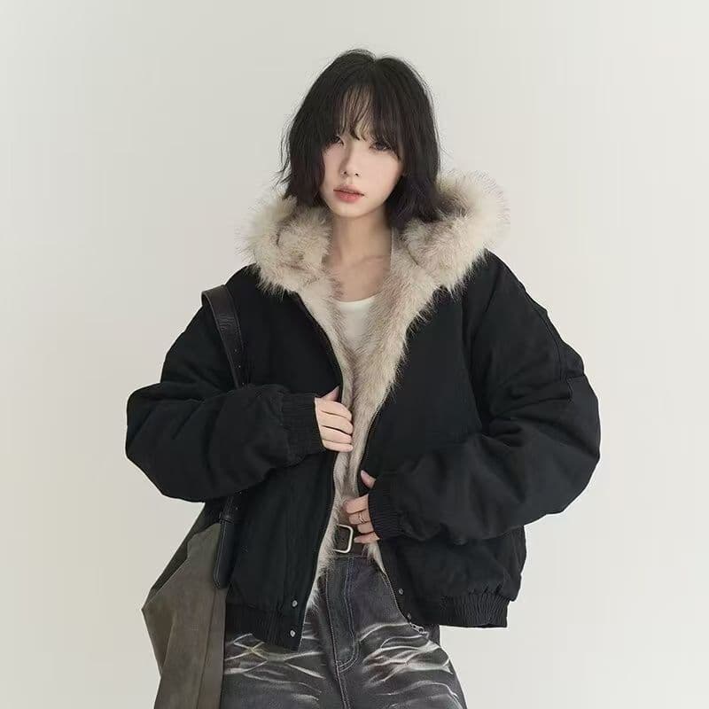좌 산 조각 모피 칼라 면 의류 여성 코트 겨울 단색 쇼트 스타일 작은 키 루즈핏 후드 워크웨어 면 옷 상세 이미지 5