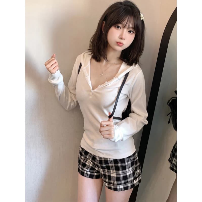 기초 다용도 후드 긴팔 티셔츠 여성 이른 가을 새로운 한국 스타일 미니멀리즘 바람 캐주얼 허리 수축 슬림해 보이는 품격 맨위 상세 이미지 1