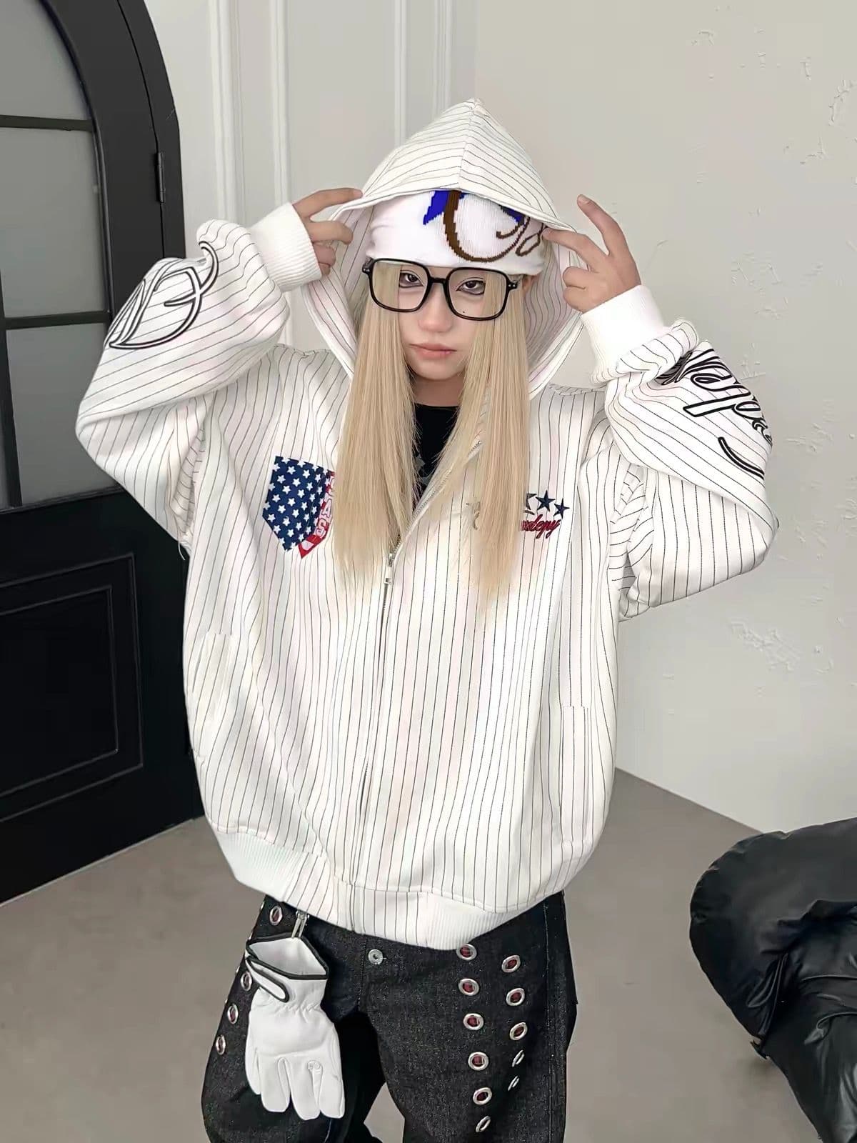 아메리칸 레트로 휘장 스트라이프 후드 티 스웨터 봄 가을 남녀 루즈핏 bf 캐주얼 지퍼 재킷 조수 브랜드 상세 이미지 1