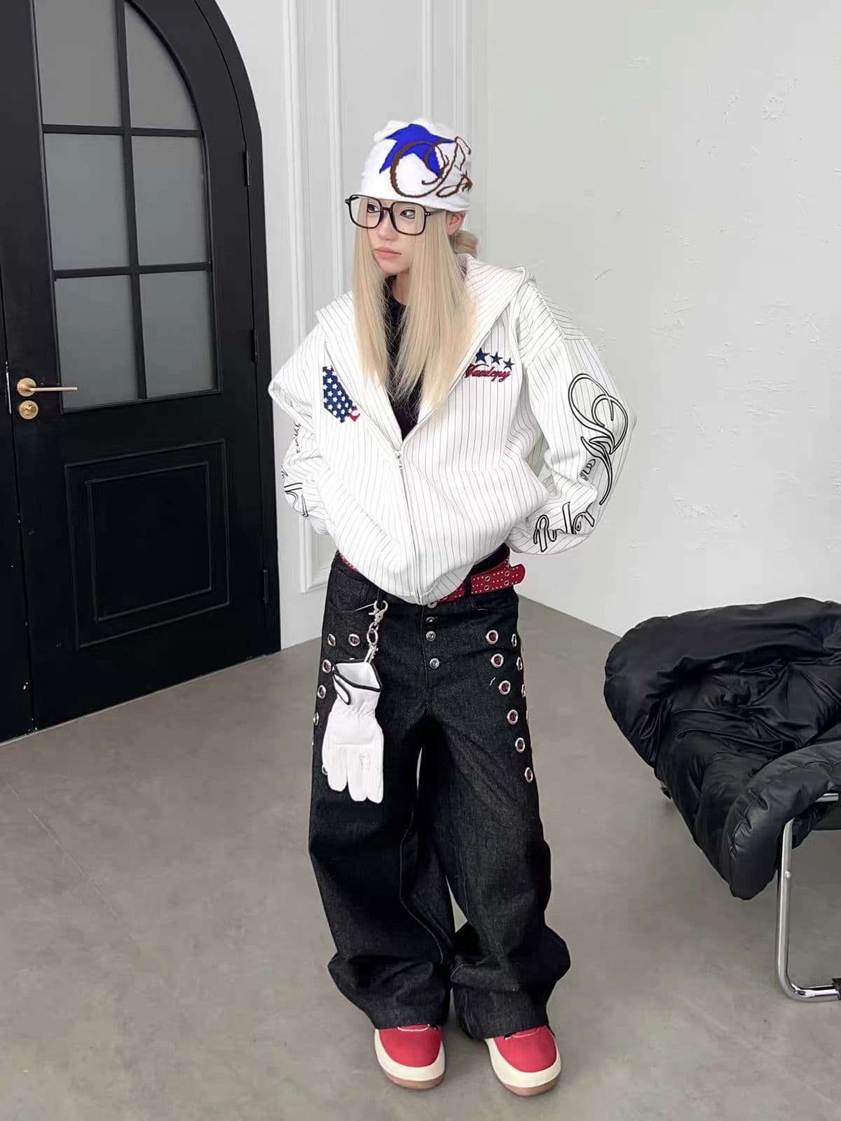 아메리칸 레트로 휘장 스트라이프 후드 티 스웨터 봄 가을 남녀 루즈핏 bf 캐주얼 지퍼 재킷 조수 브랜드 상세 이미지 2