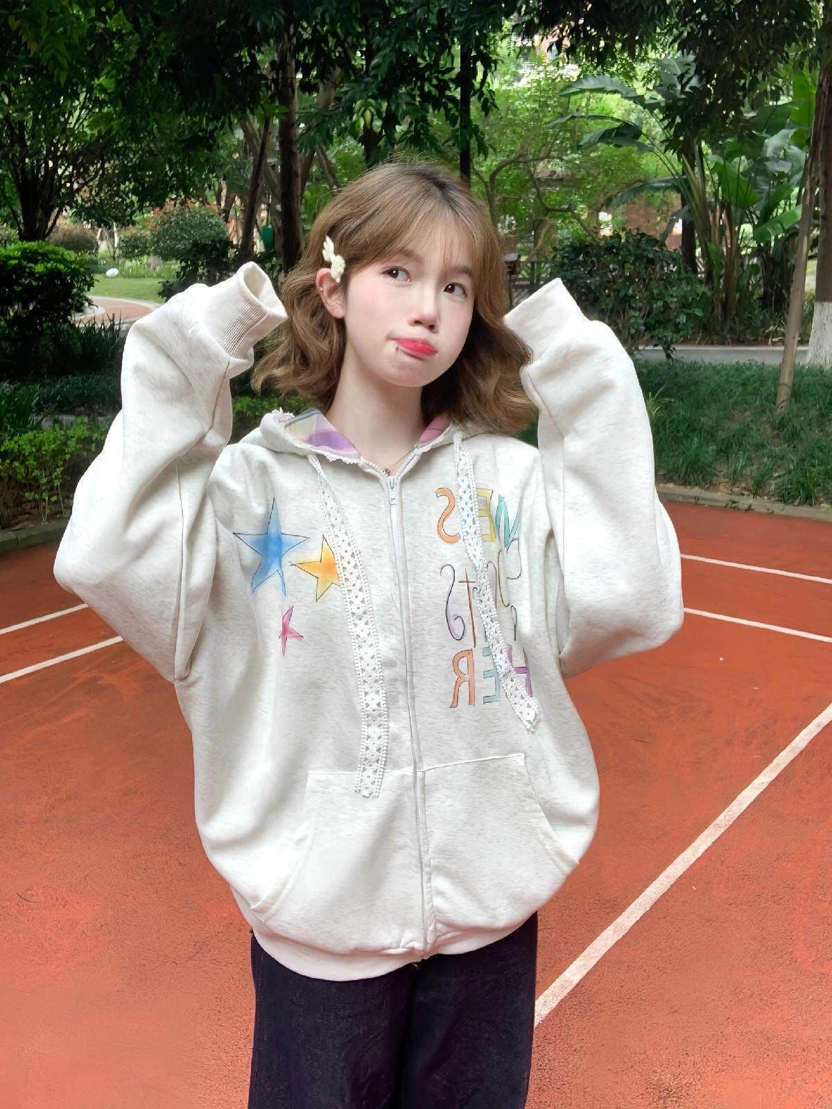 아메리칸 레트로 색상 별 낙서 오픈 가디건 후드 티 스웨터 여성 ins 조수 브랜드 패치워크 체크무늬 재킷 이미지 4