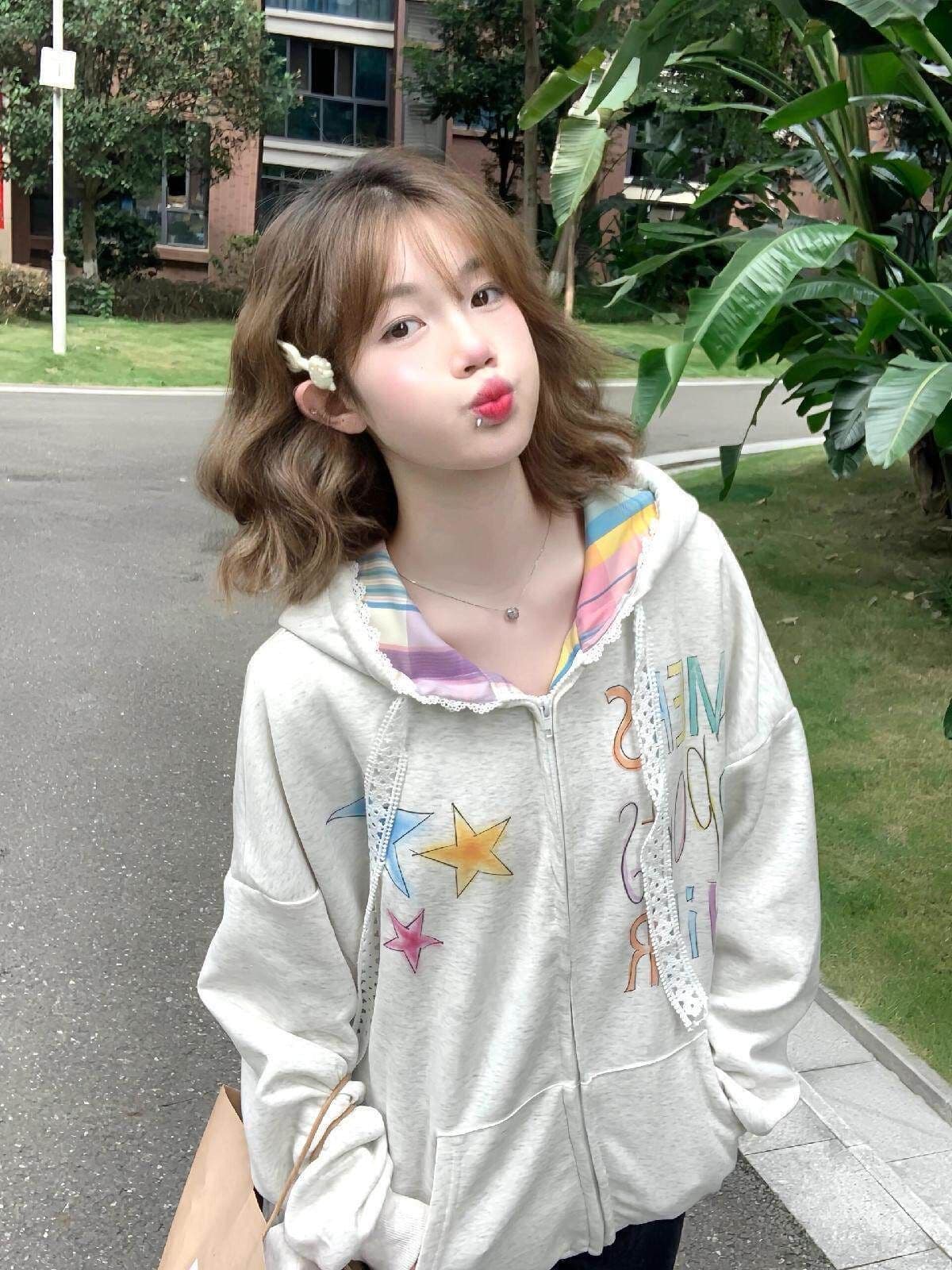 아메리칸 레트로 색상 별 낙서 오픈 가디건 후드 티 스웨터 여성 ins 조수 브랜드 패치워크 체크무늬 재킷 이미지 2