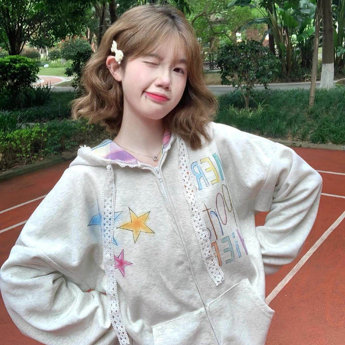 아메리칸 레트로 색상 별 낙서 오픈 가디건 후드 티 스웨터 여성 ins 조수 브랜드 패치워크 체크무늬 재킷 이미지 5