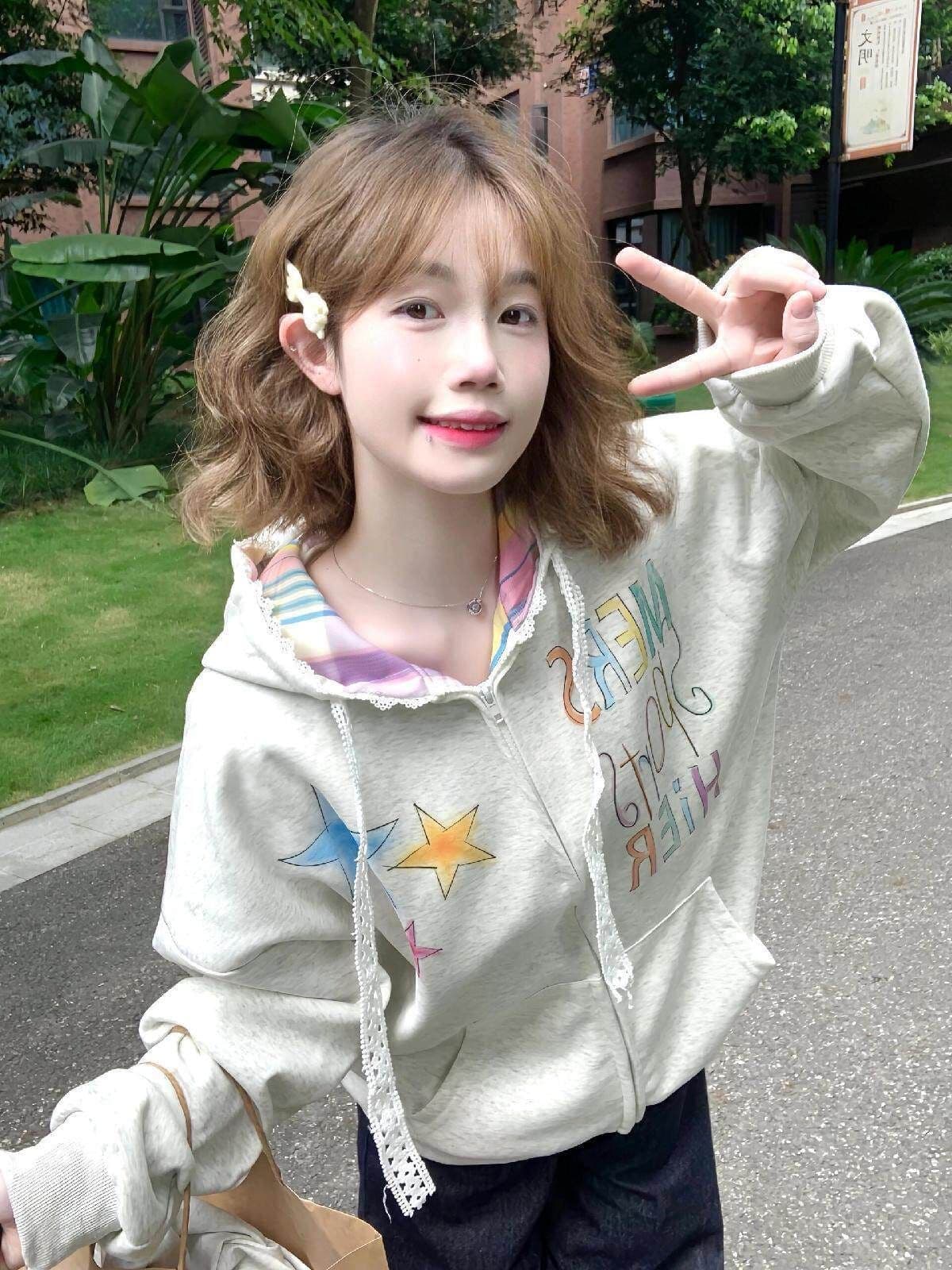 아메리칸 레트로 색상 별 낙서 오픈 가디건 후드 티 스웨터 여성 ins 조수 브랜드 패치워크 체크무늬 재킷 상세 이미지 1
