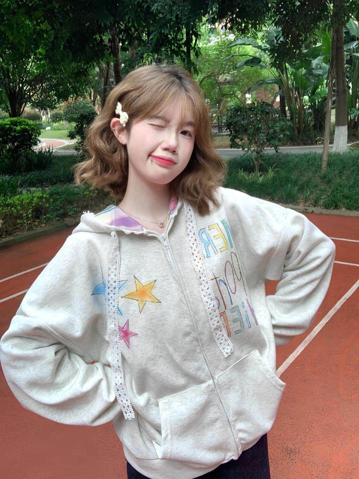 아메리칸 레트로 색상 별 낙서 오픈 가디건 후드 티 스웨터 여성 ins 조수 브랜드 패치워크 체크무늬 재킷 상세 이미지 4