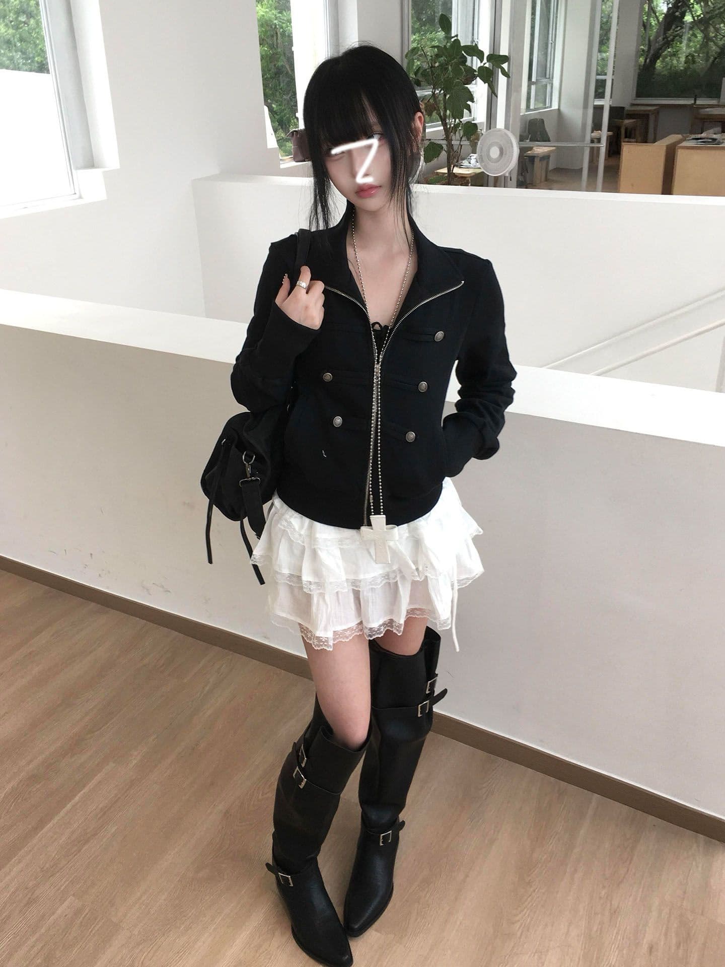 아메리칸 레트로 산스크리트어 십자가 자수 스탠드 칼라 쇼트 스타일 루즈핏 디자인 센스 여성 코트 가을 맨위 상세 이미지 2