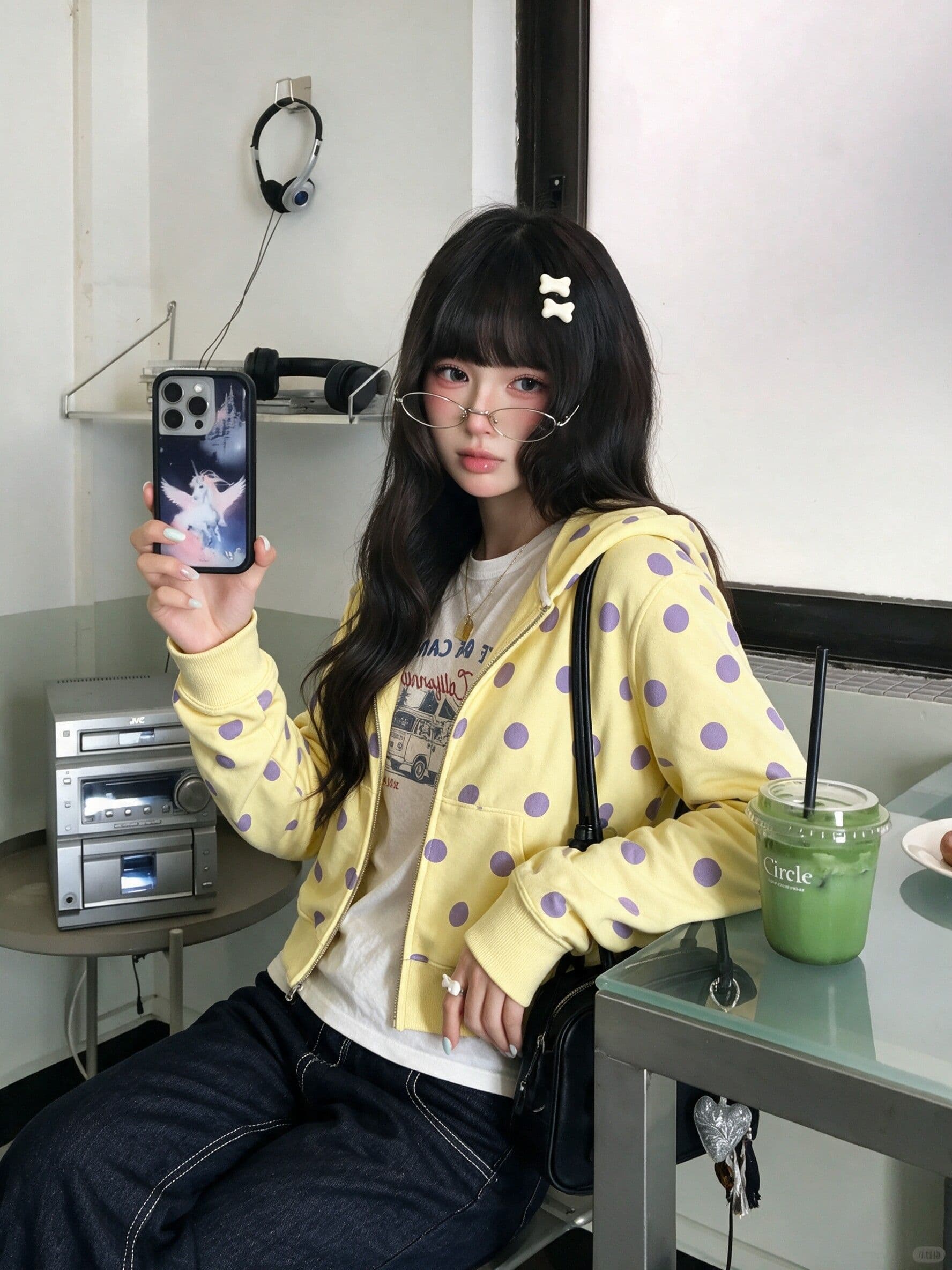 후아 면 복합 한 부서 우유 황색 쇼트 스타일 도트 무늬 후드 티 스웨터 오픈 가디건 여성 가을 지퍼 재킷