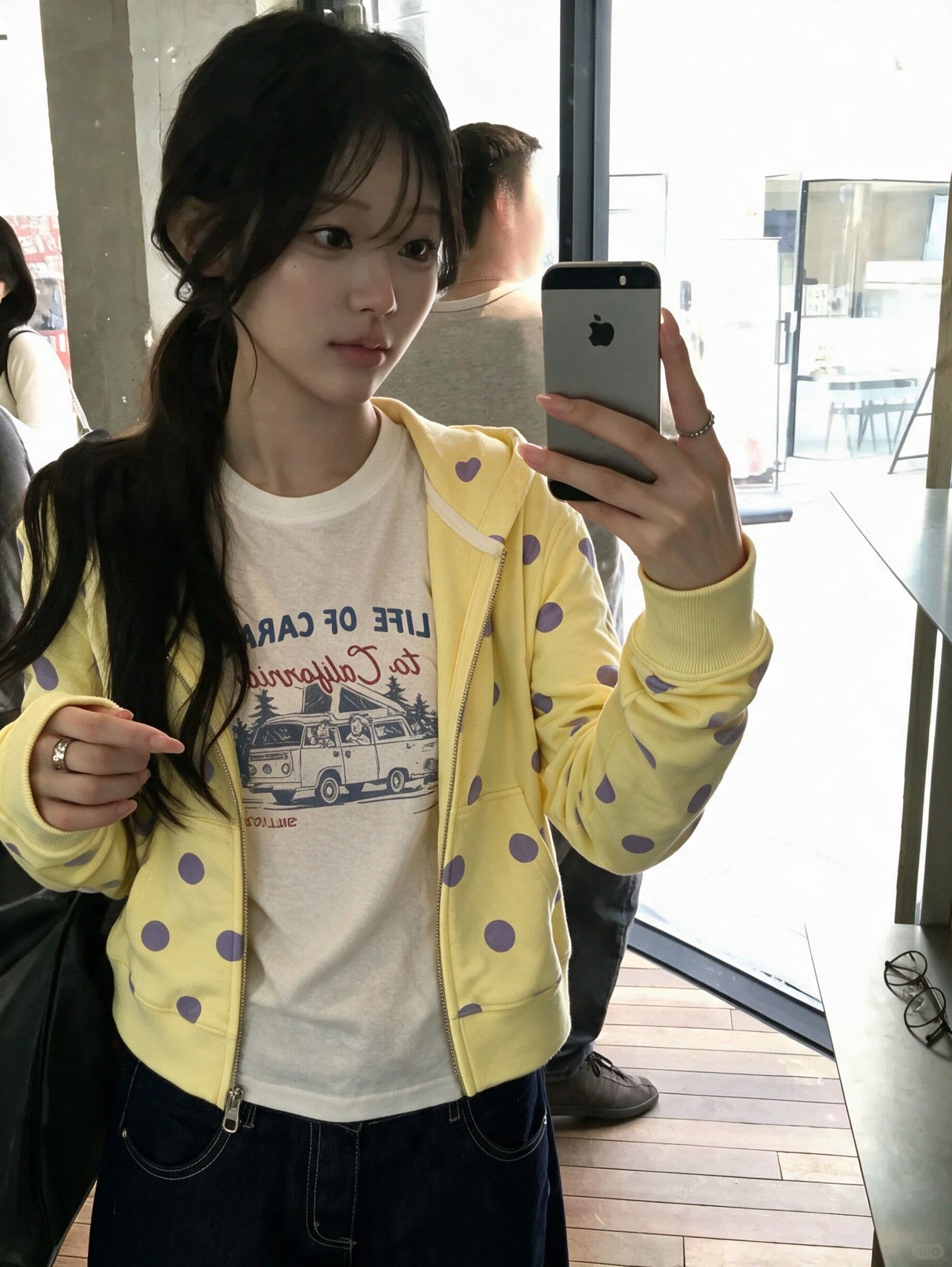 후아 면 복합 한 부서 우유 황색 쇼트 스타일 도트 무늬 후드 티 스웨터 오픈 가디건 여성 가을 지퍼 재킷 상세 이미지 1