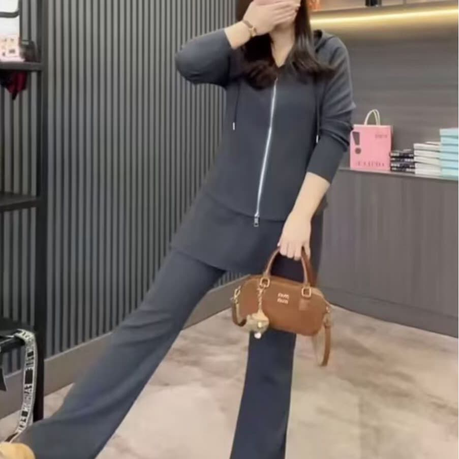 모방 면 사선 무늬 당겨 프레임 250그램 스포츠 슈트 여성 봄 가을 새로운 캐주얼 빅 사이즈 후드 티 스웨터 투피스 세트 이미지 5