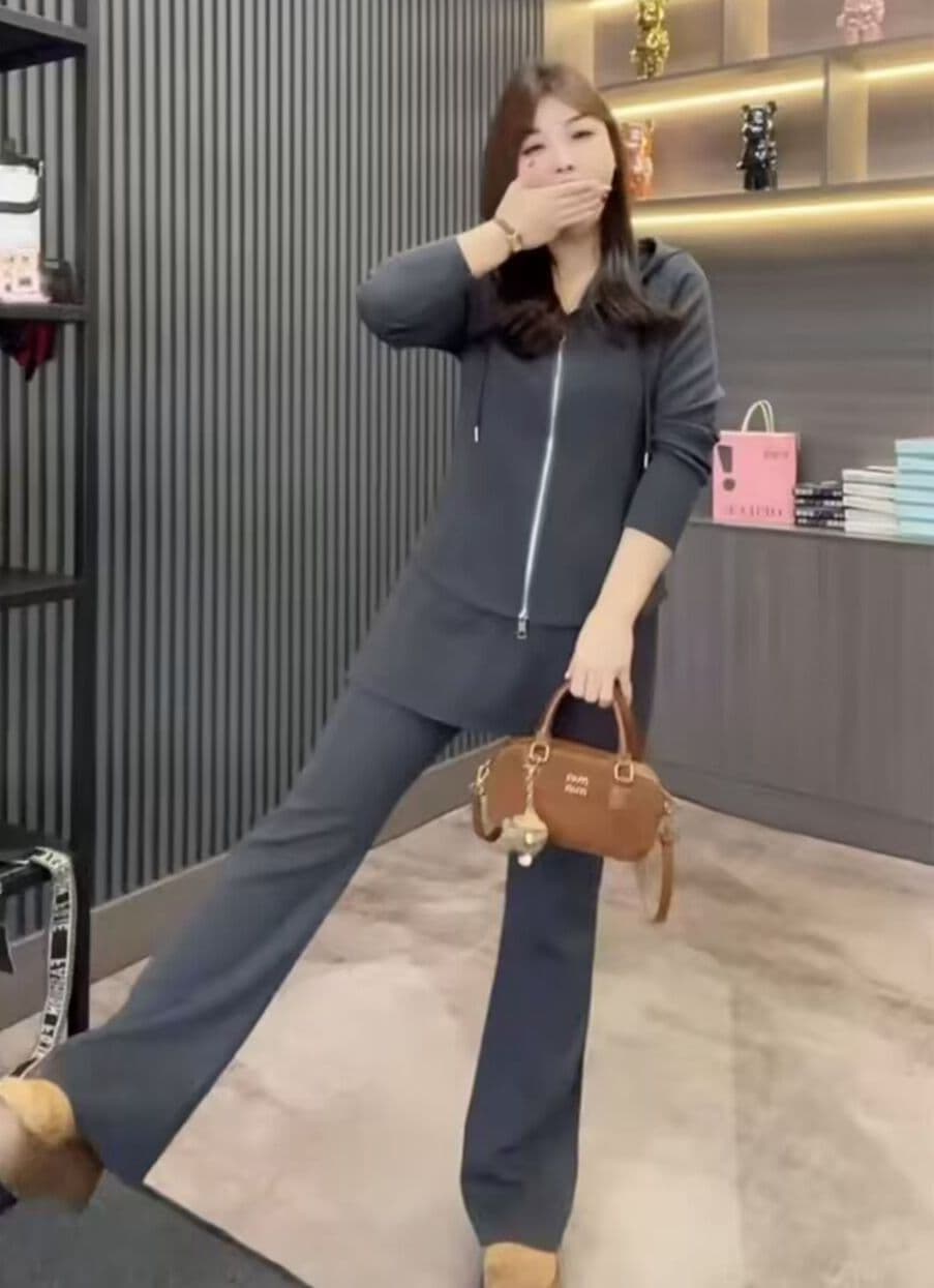 모방 면 사선 무늬 당겨 프레임 250그램 스포츠 슈트 여성 봄 가을 새로운 캐주얼 빅 사이즈 후드 티 스웨터 투피스 세트 상세 이미지 5