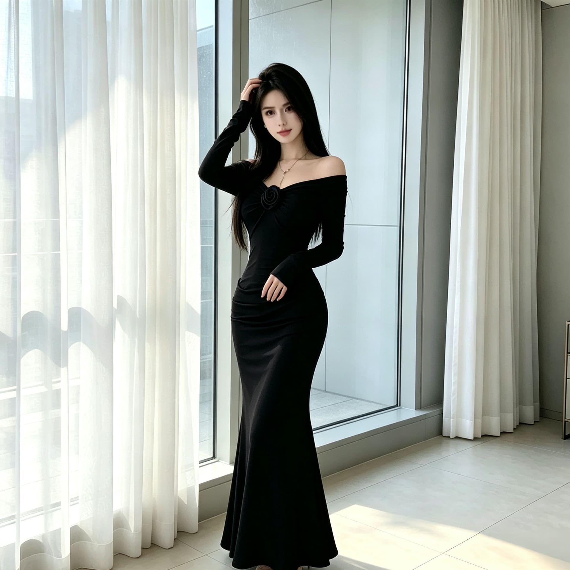순수한 욕망 바람 프랑스식 부드러운 오프숄더 여성 드레스 품격 몸매 가꾸기 슬림해 보이는 허리 수축 타이트 오프숄더 타이트 스커트 롱 스커트 이미지 3