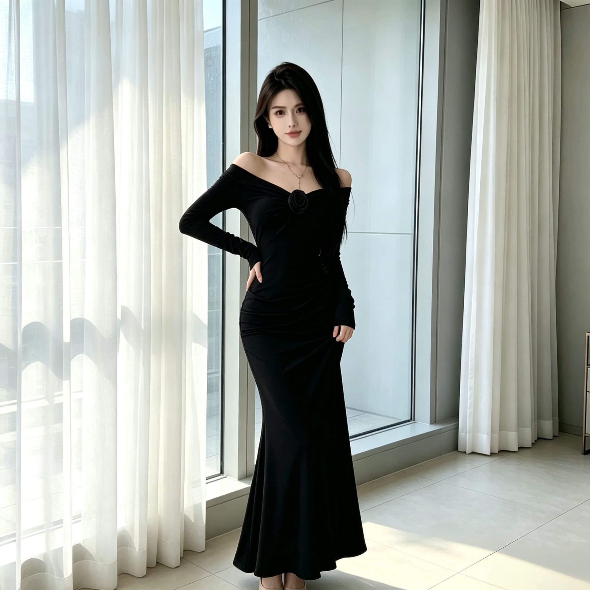 순수한 욕망 바람 프랑스식 부드러운 오프숄더 여성 드레스 품격 몸매 가꾸기 슬림해 보이는 허리 수축 타이트 오프숄더 타이트 스커트 롱 스커트 이미지 4