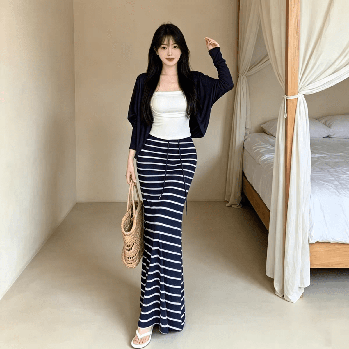 원본 것 긴팔 오픈 가디건 인사이드 가져 가라. 슬립 여성 여름 캐주얼 세트 하이웨이스트 스트라이프 롱 스커트 3종 세트 이미지 5