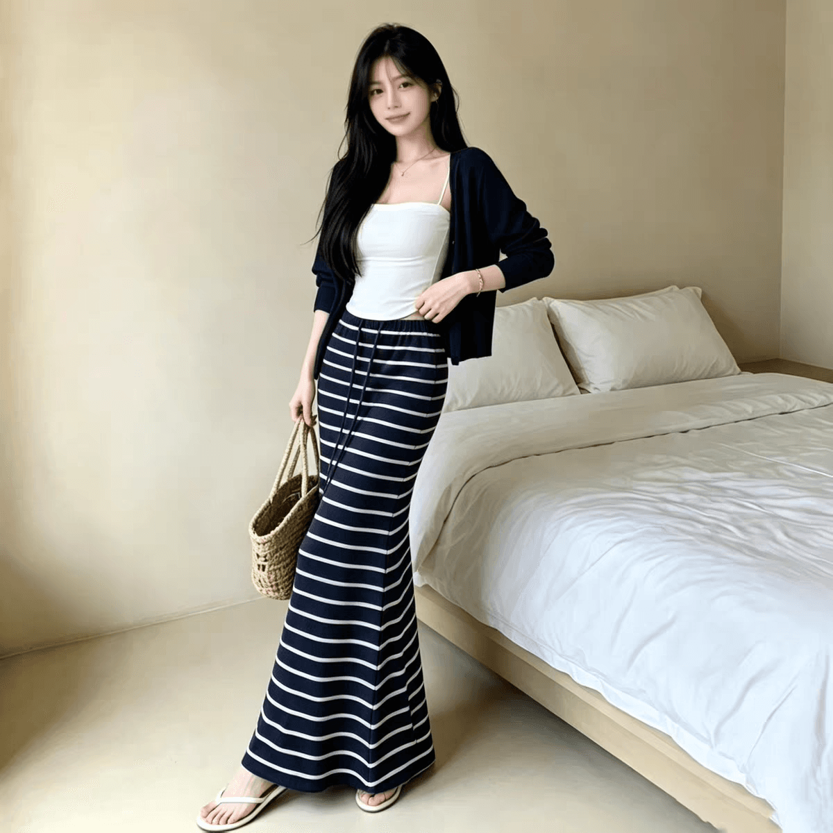 원본 것 긴팔 오픈 가디건 인사이드 가져 가라. 슬립 여성 여름 캐주얼 세트 하이웨이스트 스트라이프 롱 스커트 3종 세트 상세 이미지 1