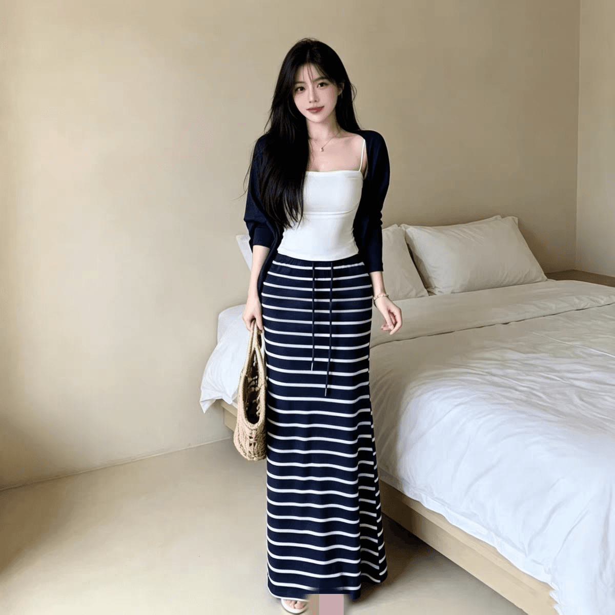 원본 것 긴팔 오픈 가디건 인사이드 가져 가라. 슬립 여성 여름 캐주얼 세트 하이웨이스트 스트라이프 롱 스커트 3종 세트 상세 이미지 3