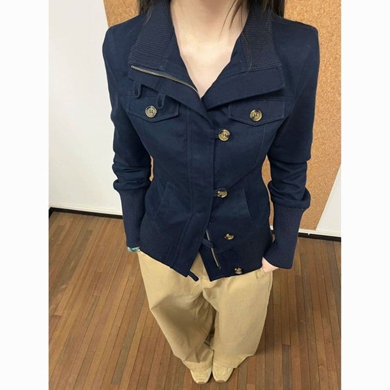 아메리칸 레트로 스탠드 칼라 워크웨어 재킷 여성 코트 가을 새로운 디자인 센스 몸매 가꾸기 슬림해 보이는 지퍼 맨위 오픈 가디건 이미지 2