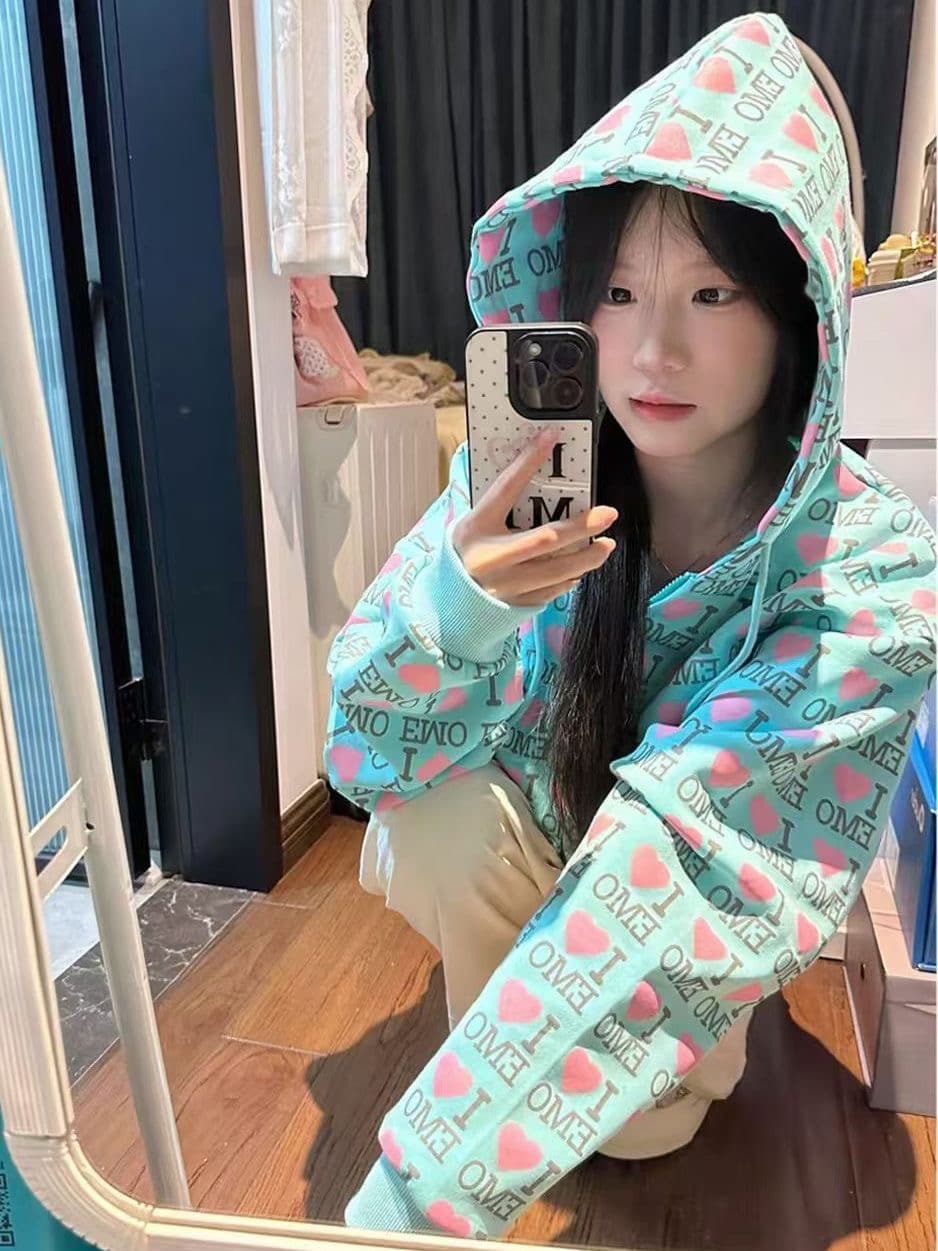 후아 면 복합 봄 가을 아메리칸 알파벳 하트 후드 오픈 가디건 후드티 여성 루즈핏 긴팔 상세 이미지 3