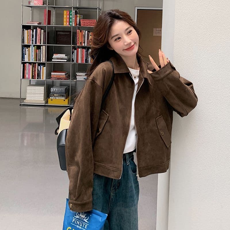가을 새로운 브라운 아름다움 라드. 사슴 캐시미어 재킷 여성 짧은 아메리칸 작은 키 레트로 오토바이 재킷 맨위 상세 이미지 4