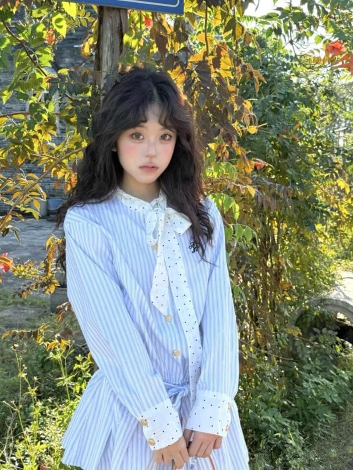 한 부서 달콤함 학원 스타일 스트라이프 패치워크 긴팔 셔츠 여성 드레스 가을 허리 수축 슬림해 보이는 한 마디 짧은 치마 이미지 3