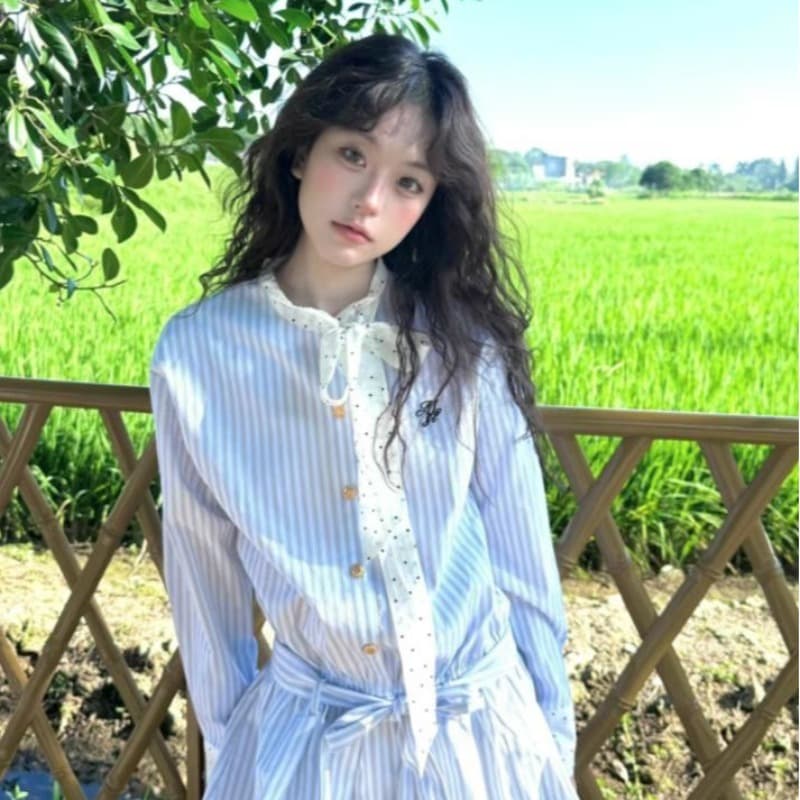 한 부서 달콤함 학원 스타일 스트라이프 패치워크 긴팔 셔츠 여성 드레스 가을 허리 수축 슬림해 보이는 한 마디 짧은 치마 이미지 5