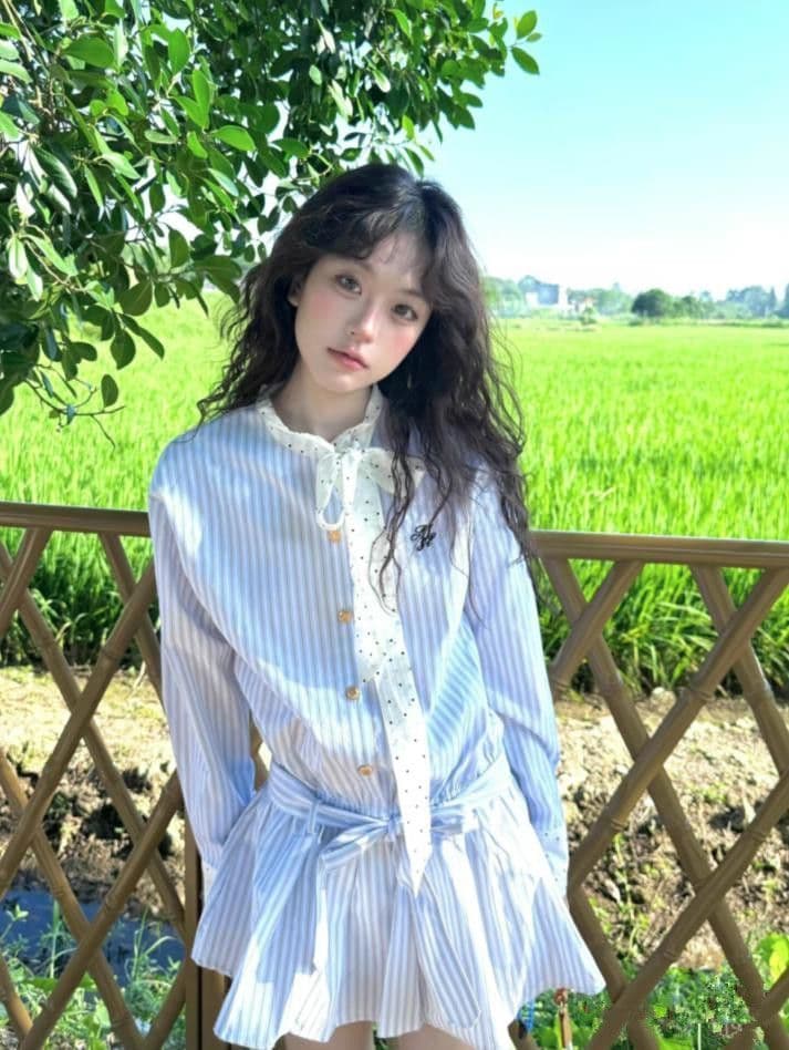 한 부서 달콤함 학원 스타일 스트라이프 패치워크 긴팔 셔츠 여성 드레스 가을 허리 수축 슬림해 보이는 한 마디 짧은 치마 상세 이미지 2
