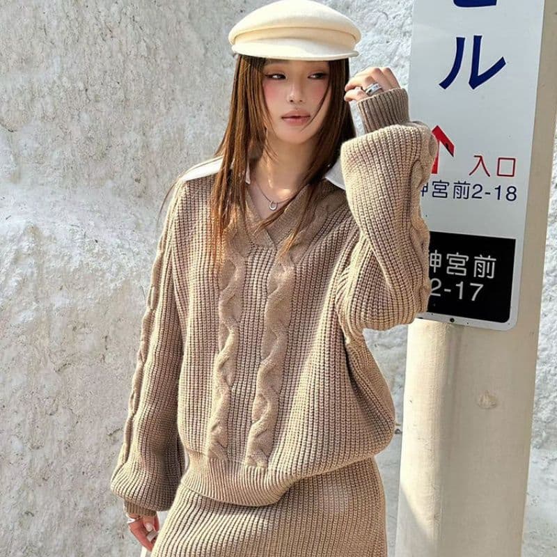 한 셔츠 칼라 스웨터 세트 여성 패치워크 색상 칼라 페이크 레이어드 맨위 하이웨이스트 미니 스커트 투피스 세트 상세 이미지 3