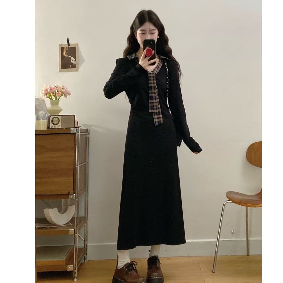 검정색 POLO 칼라 여성 드레스 봄 가을 긍정적 인 어깨 학원 스타일 마이크로 지방 mm 빅 사이즈 패치워크 체크무늬 롱 스커트 작은 검은 드레스 상세 이미지 1