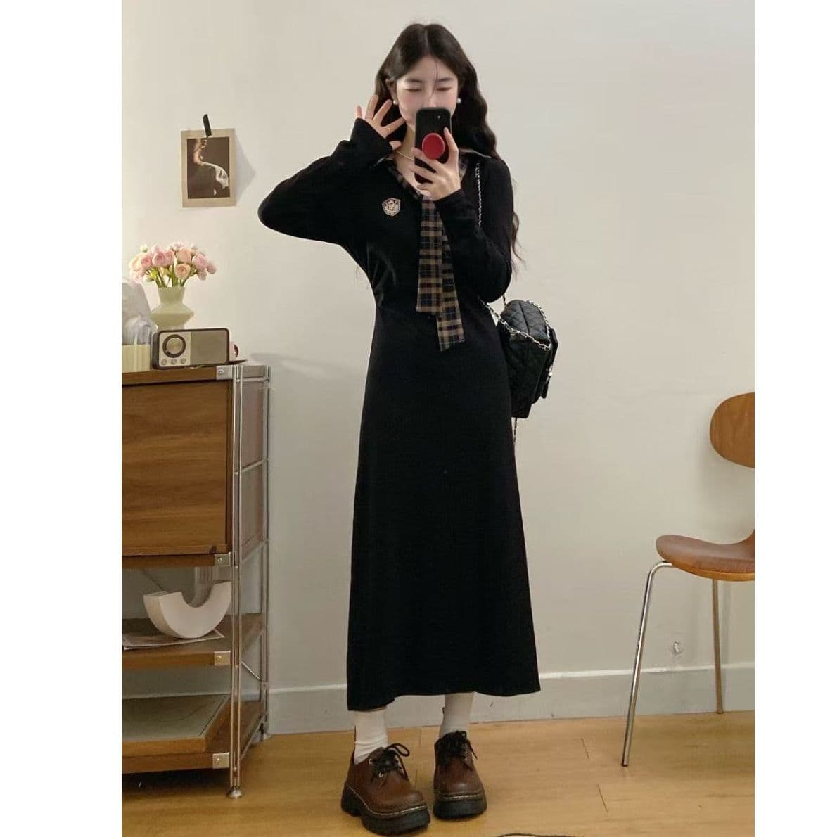 검정색 POLO 칼라 여성 드레스 봄 가을 긍정적 인 어깨 학원 스타일 마이크로 지방 mm 빅 사이즈 패치워크 체크무늬 롱 스커트 작은 검은 드레스 상세 이미지 4