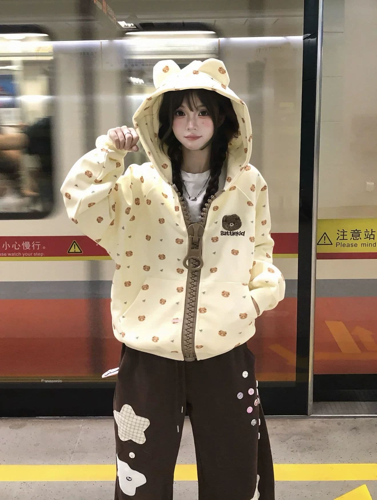 후아 면 복합 가을 재킷 아메리칸 만화 작은 곰 알파벳 살구 색상 지퍼 오픈 가디건 후드티 여성