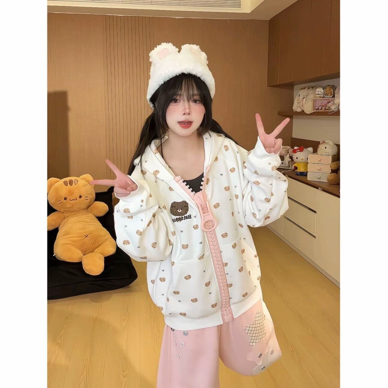 후아 면 복합 가을 재킷 아메리칸 만화 작은 곰 알파벳 살구 색상 지퍼 오픈 가디건 후드티 여성 상세 이미지 5