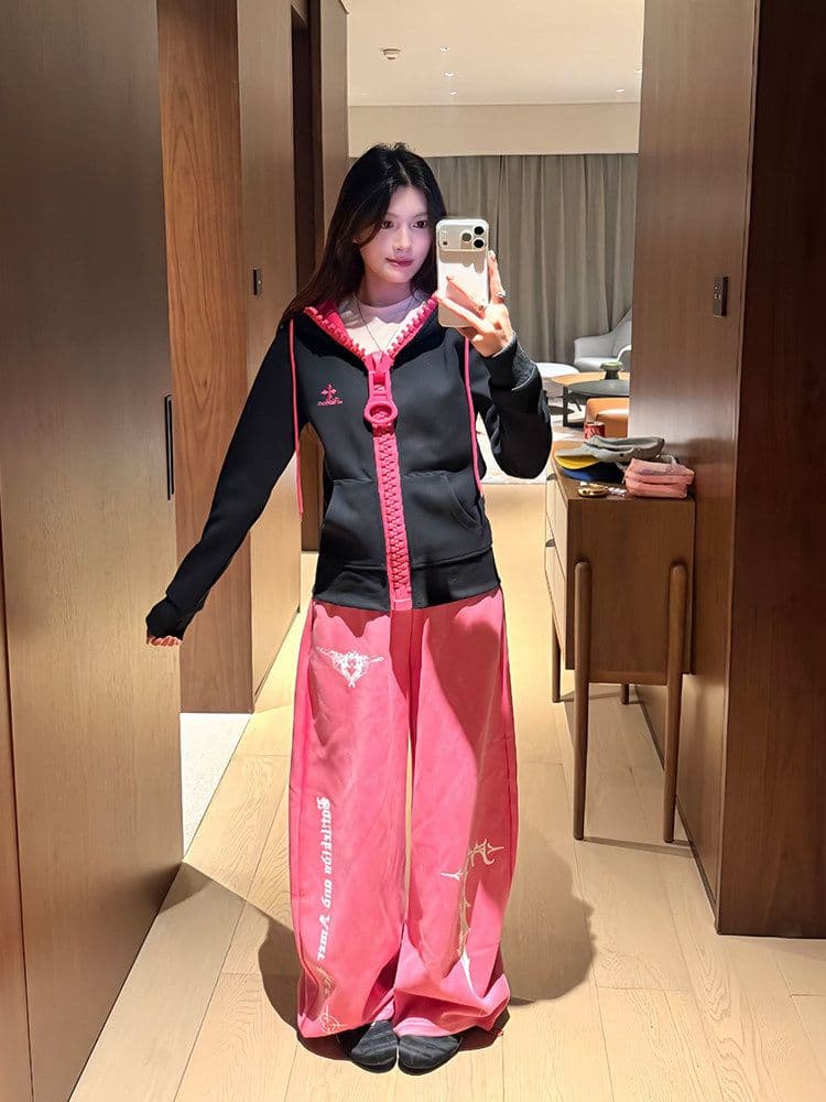 후아 면 복합 아메리칸 자수 후드 티 스웨터 여성 가을 겨울 2026 대 지퍼 오픈 가디건 맨위 재킷 이미지 4
