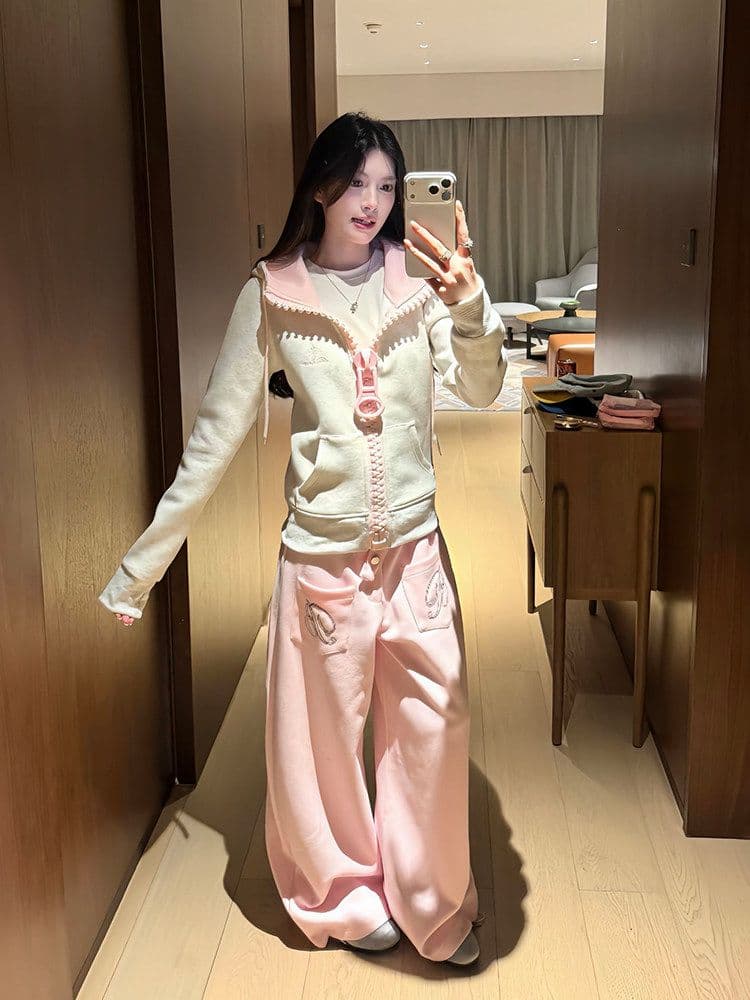 후아 면 복합 아메리칸 자수 후드 티 스웨터 여성 가을 겨울 2026 대 지퍼 오픈 가디건 맨위 재킷 상세 이미지 3