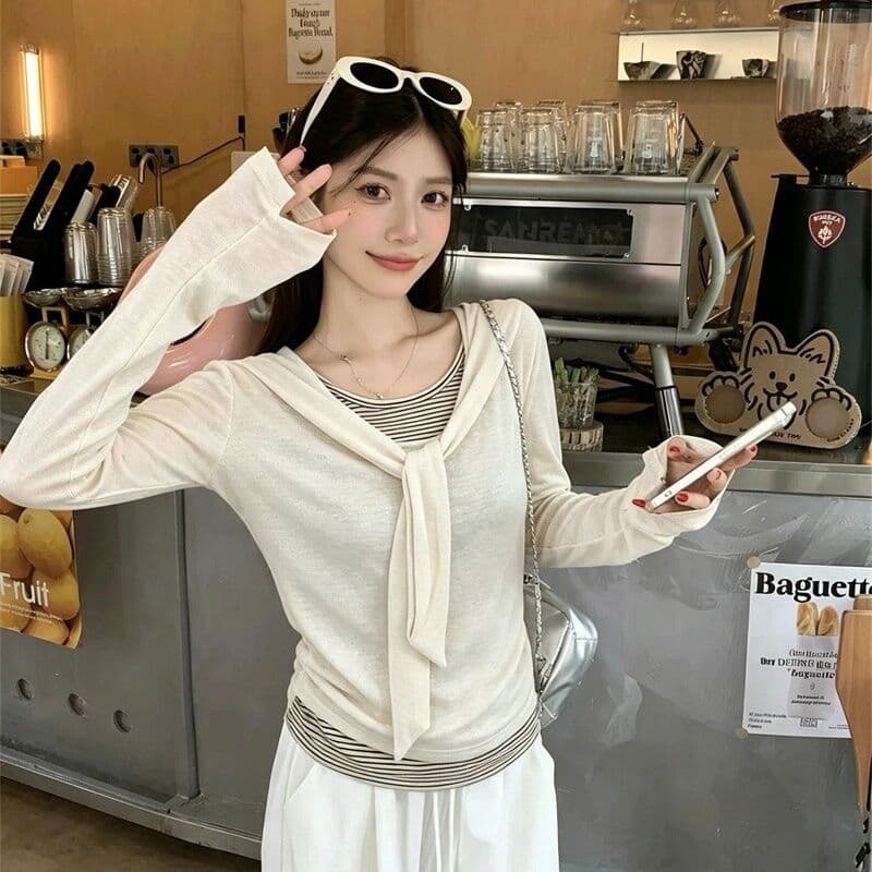 220 그램 사람들 면 주간 실크 리브 페이크 레이어드 스트랩 라운드 넥 긴팔 티셔츠 여성 가을 스트라이프 배색 맨위