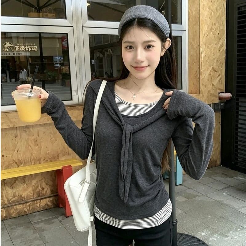 220 그램 사람들 면 주간 실크 리브 페이크 레이어드 스트랩 라운드 넥 긴팔 티셔츠 여성 가을 스트라이프 배색 맨위 상세 이미지 2
