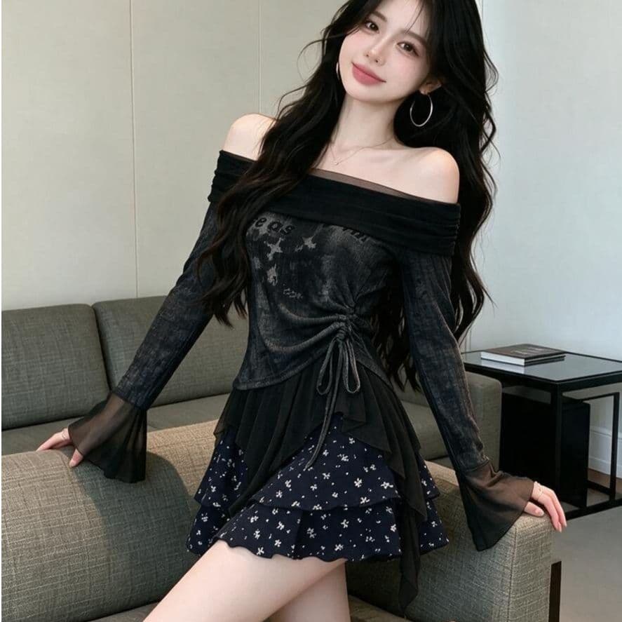 나팔 소매 프릴 홀치기 염색 오프숄더 맨위 홍콩 느낌 레트로 섹시함 불규칙 펌프 로프 몸매 가꾸기 슬림해 보이는 티셔츠 트렌디 상세 이미지 3