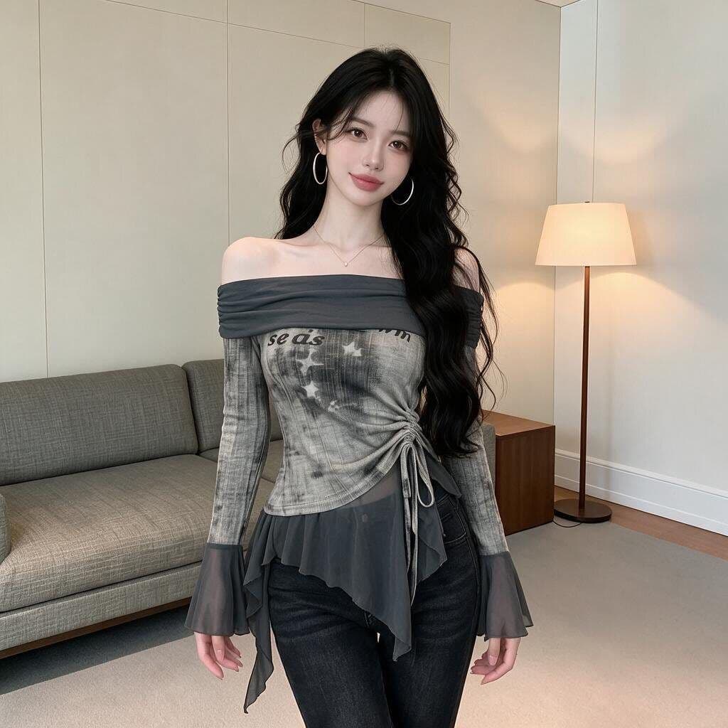 나팔 소매 프릴 홀치기 염색 오프숄더 맨위 홍콩 느낌 레트로 섹시함 불규칙 펌프 로프 몸매 가꾸기 슬림해 보이는 티셔츠 트렌디 상세 이미지 5