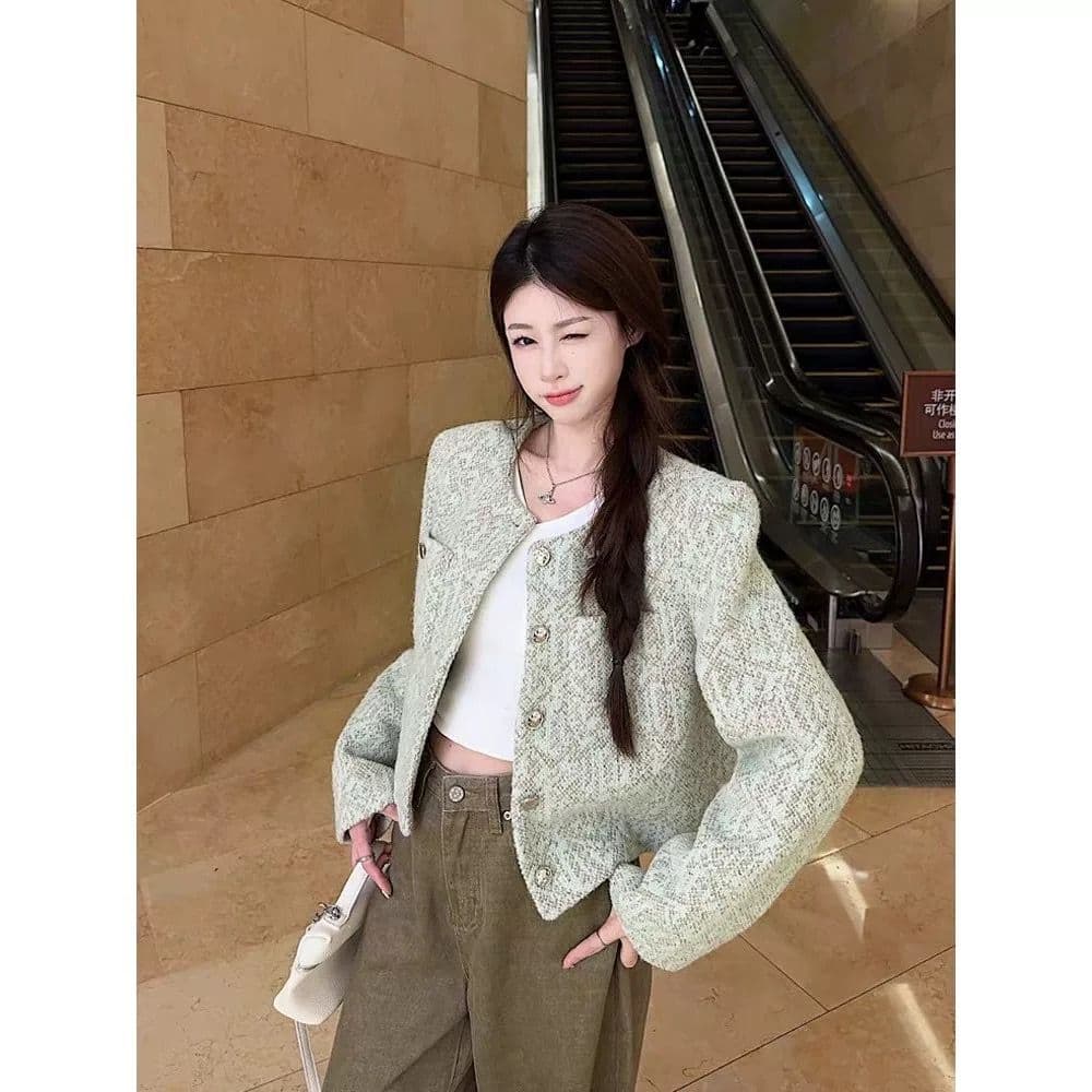 원본 그림 원단 이중층 네리 가을 프랑스식 품격 긴팔 쇼트 스타일 천 골드 센스 오픈 가디건 맨위 재킷