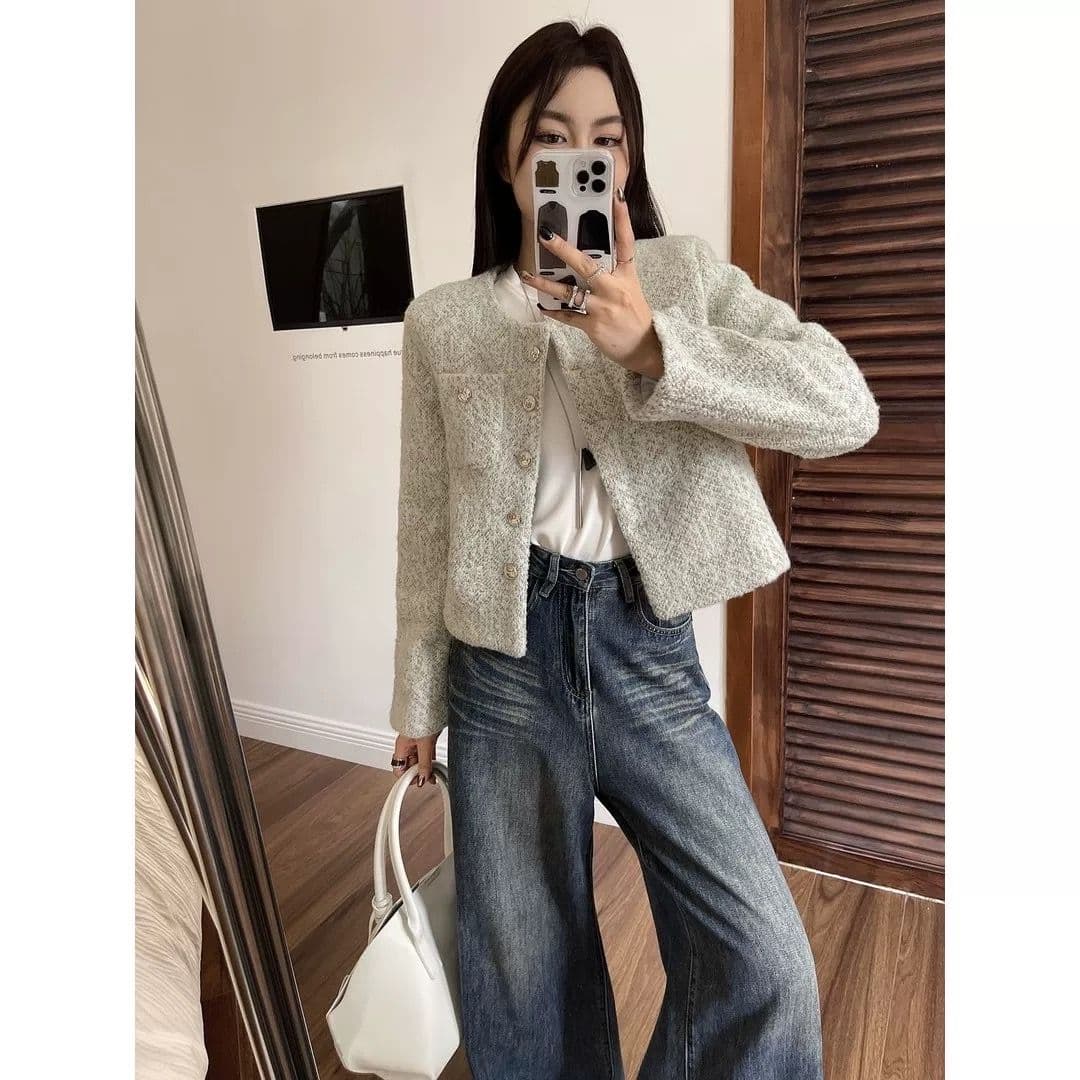 원본 그림 원단 이중층 네리 가을 프랑스식 품격 긴팔 쇼트 스타일 천 골드 센스 오픈 가디건 맨위 재킷 이미지 4