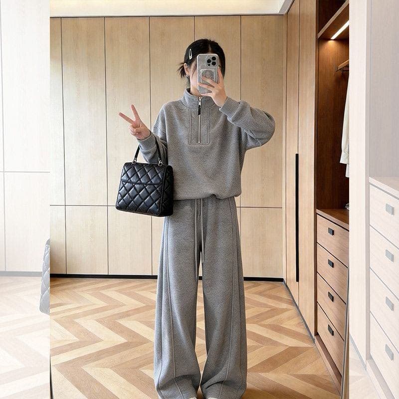 모방 면 사선 무늬 당겨 프레임 250그램 스포츠 슈트 여성 봄 가을 긴팔 후드티 와이드 레그 팬츠 캐주얼 투피스 세트 상세 이미지 5