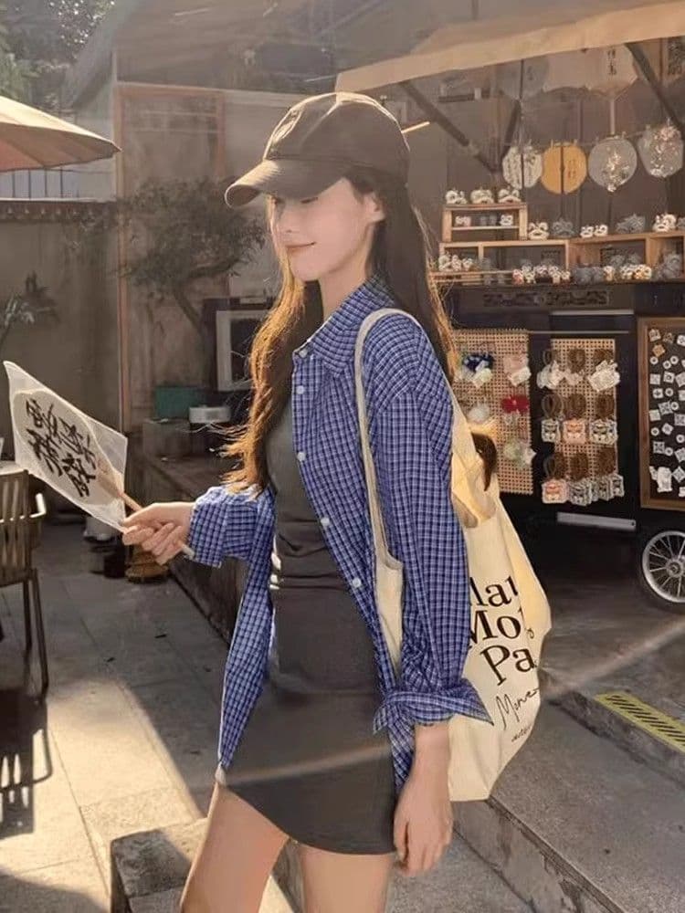 원본 셔틀 제직 그리드 파란색 체크무늬 POLO 칼라 셔츠 여성 코트 봄 가을 루즈핏 긴팔 셔츠 이미지 2