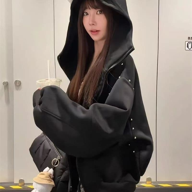 원본 후아 면 복합 아메리칸 패치워크 버드 나무 못 후드 지퍼 후드티 여성 코트 가을 한국 스타일 루즈핏 상세 이미지 4