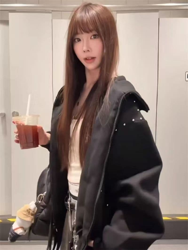 원본 후아 면 복합 아메리칸 패치워크 버드 나무 못 후드 지퍼 후드티 여성 코트 가을 한국 스타일 루즈핏 상세 이미지 7