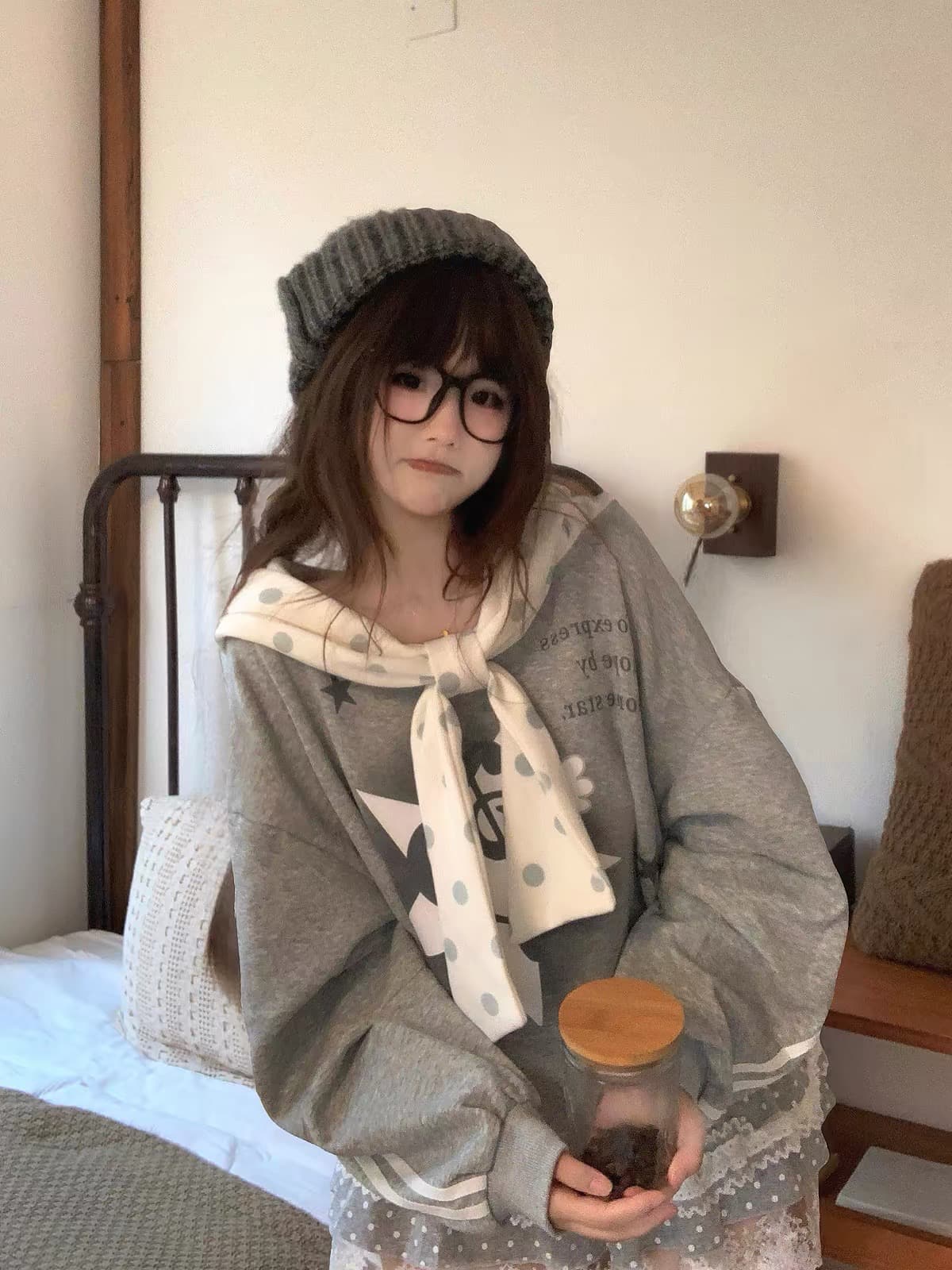 있음 선적 얇은 스타일 원본 초대형 모자 리본 프린트 순수한 Mianhua 면 복합 후드티 상세 이미지 3