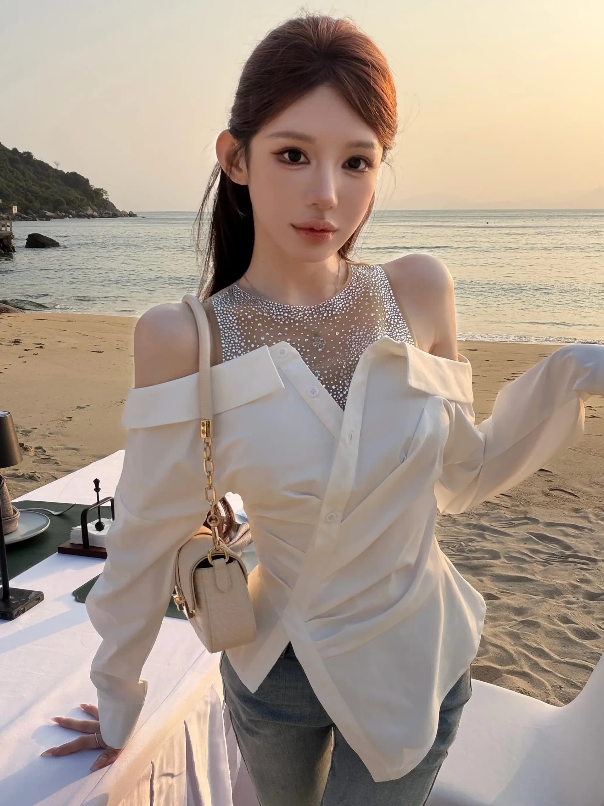 핑크색 丨 아름 답 고 요염하다 여성 주님 디자인 센스 페이크 레이어드 무거운 작업 핫픽스 셔츠 맨위 여성 이미지 4