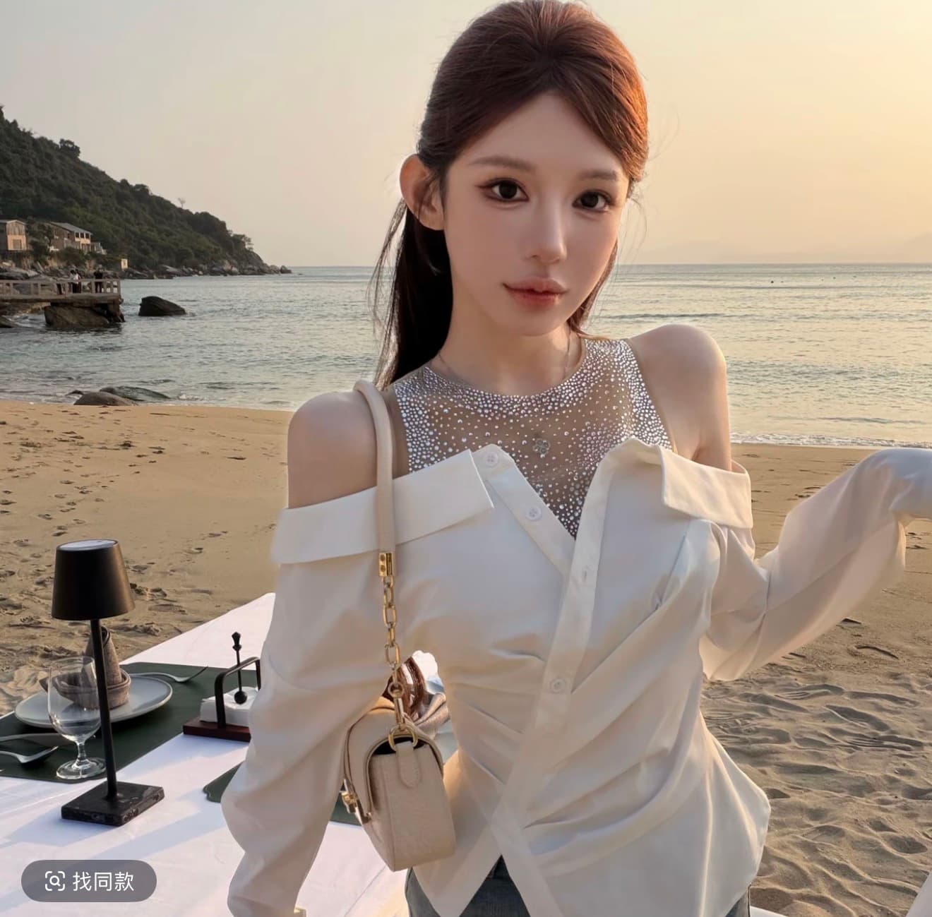 핑크색 丨 아름 답 고 요염하다 여성 주님 디자인 센스 페이크 레이어드 무거운 작업 핫픽스 셔츠 맨위 여성 상세 이미지 1