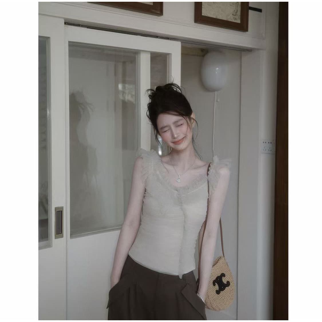 감사합니다. 아니요 고기 망사 연꽃 잎 레이스 신축성 조끼 여성 여름 디자인 센스 절묘한 몸매 가꾸기 슬림해 보이는 맨위 이미지 5