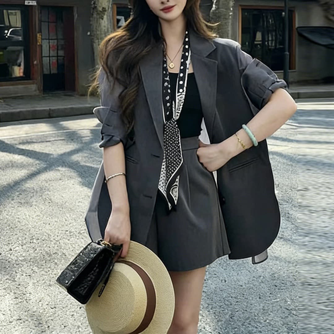 당나라 작은 느릅 나무 직각 어깨 종이 사람들 얇은 패치워크 정장 세트 여성 2026 봄 하이웨이스트 슬림해 보이는 이미지 3