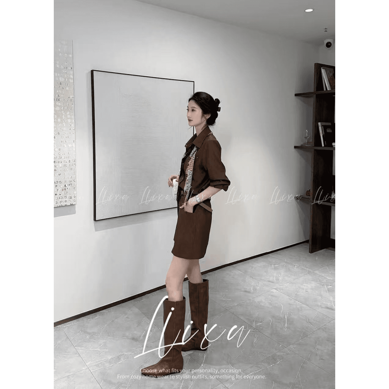 경기 스카프 벨트 잃어버린 잃어버린 봄 여름 새로운 기타 착용 스타일 레트로 품격 폴로 칼라 길다 셔츠 허리 수축 미니 스커트 세트 이미지 6