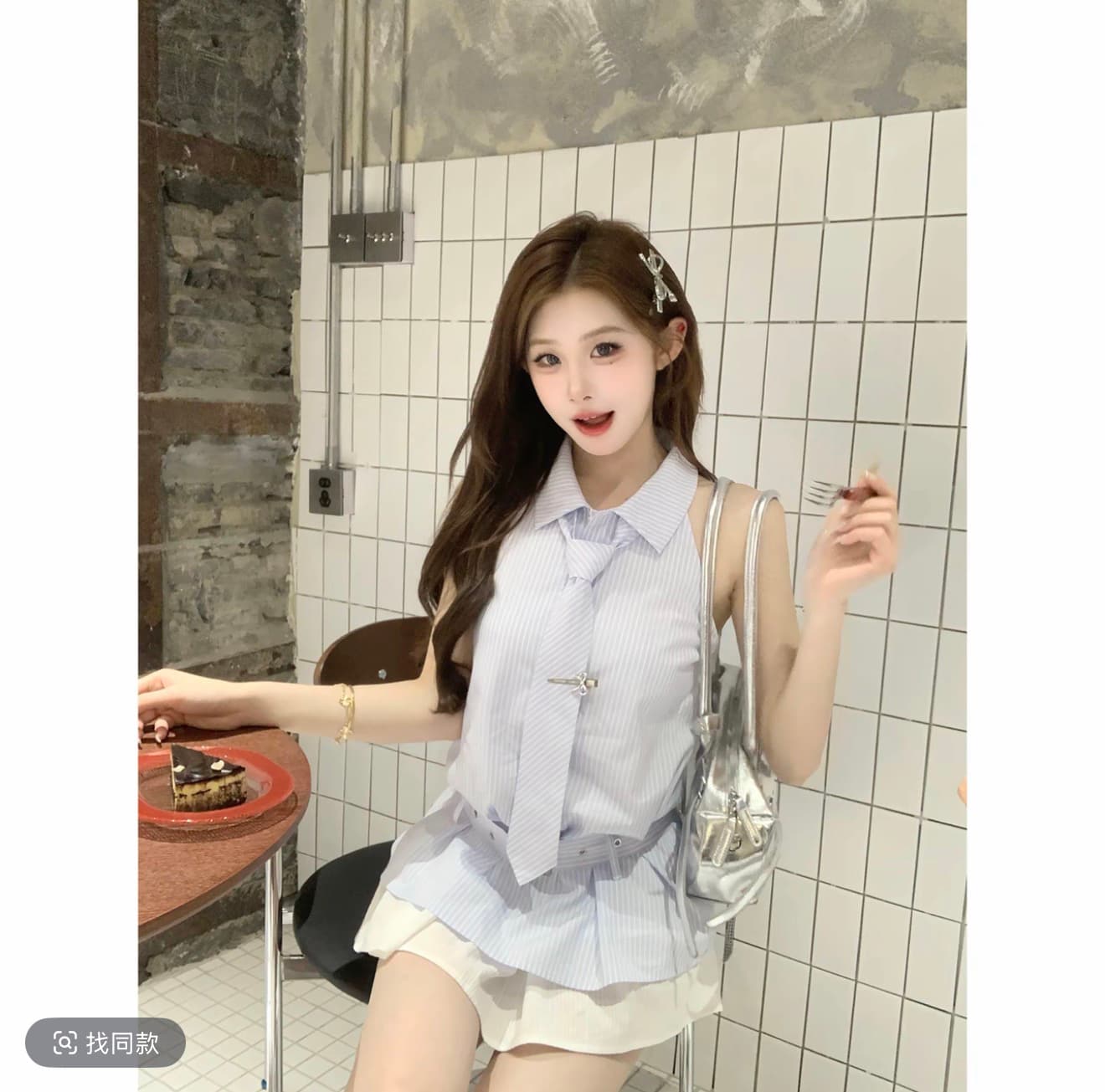 마 지 마 지 mochi 여름 바다 소금 여름 일본과 한국 셔츠 스타일 민소매 스트라이프 페이크 레이어드 점프 슈트 상세 이미지 1