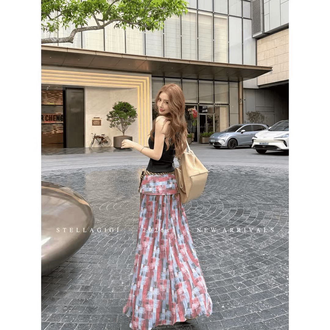 sg 양 에 따르면 샨 ss 이슬 생각하기 같은 단락 레트로 체크무늬 프린트 트임 반신 스커트 한푸 q-20260688 이미지 4